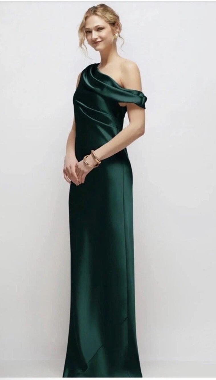 After Six Draped One-Shoulder Satin Charmeuse Gown Evergreen 6912 Sz S NWT